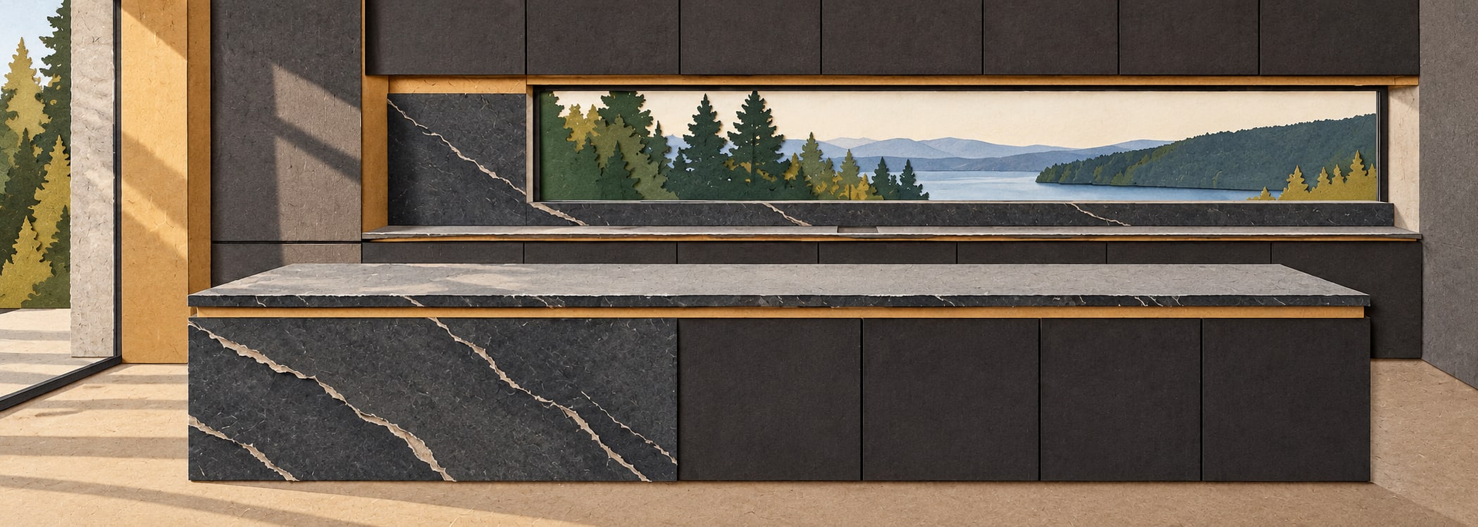 Modern charcoal stone kitchen in paper collage style