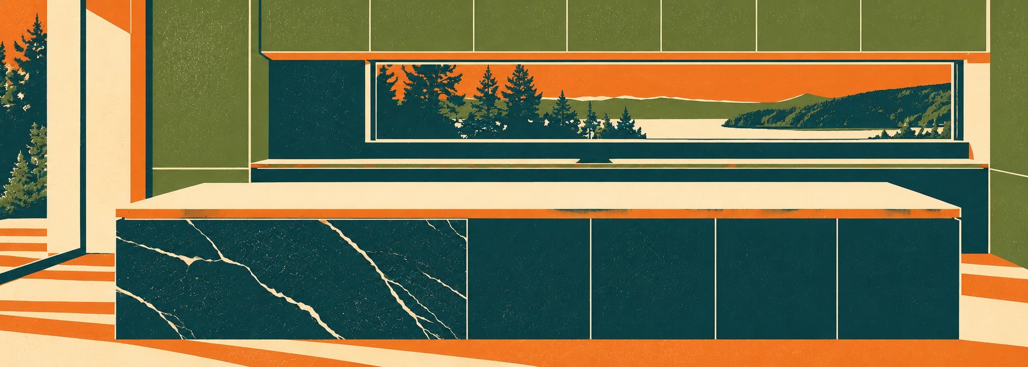 Modern charcoal stone kitchen in retro poster style