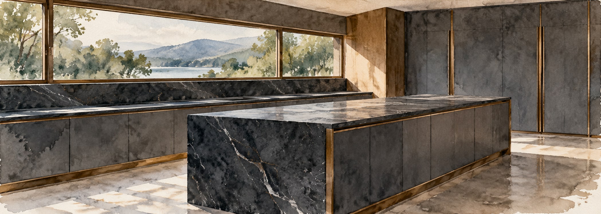Modern charcoal stone kitchen in watercolor style