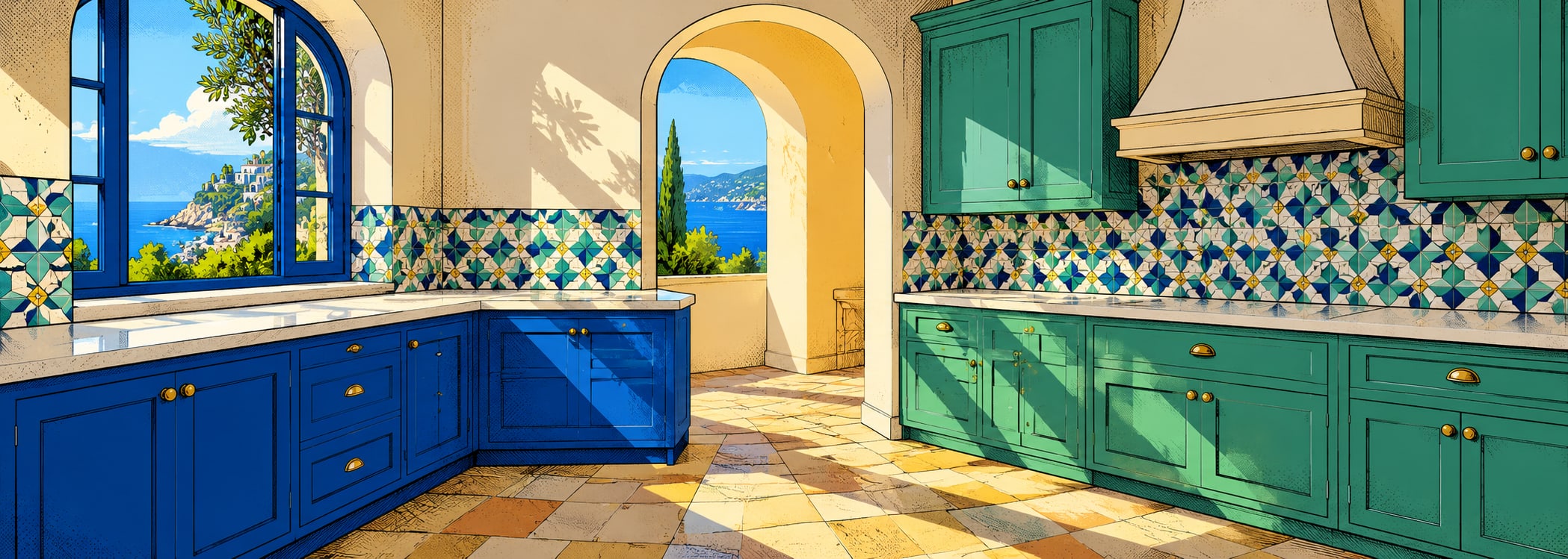 Colorful tile atelier kitchen in comics style
