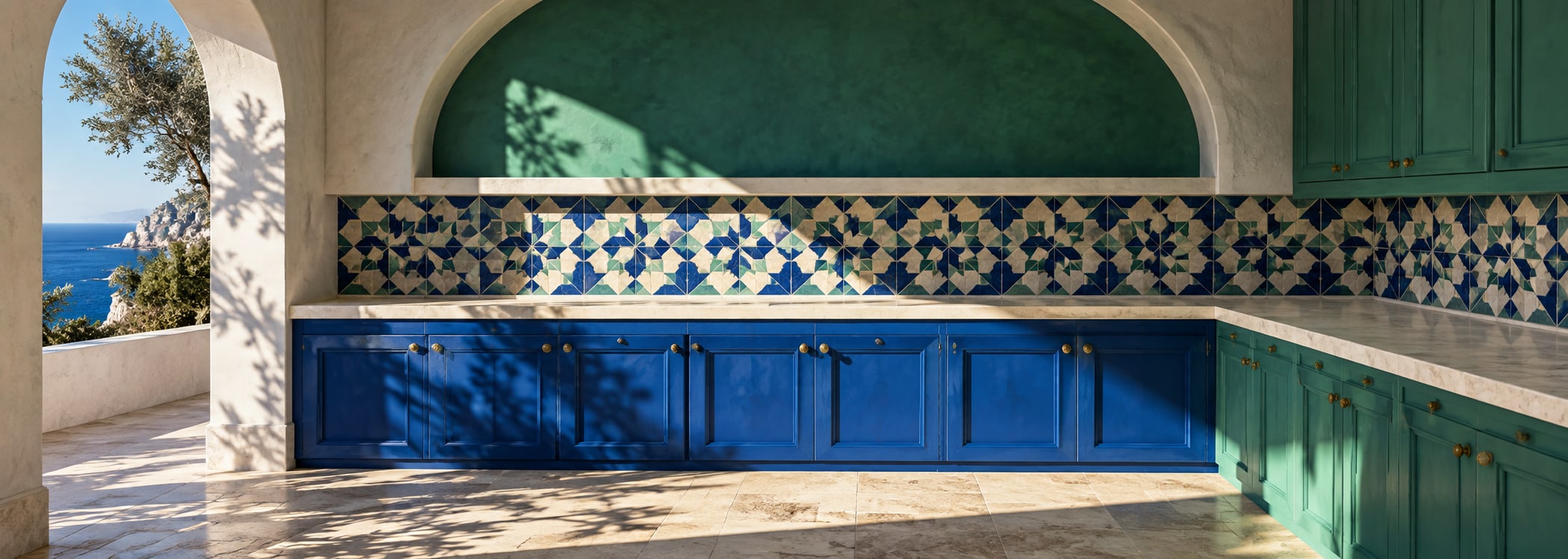 Colorful tile atelier kitchen in film noir style
