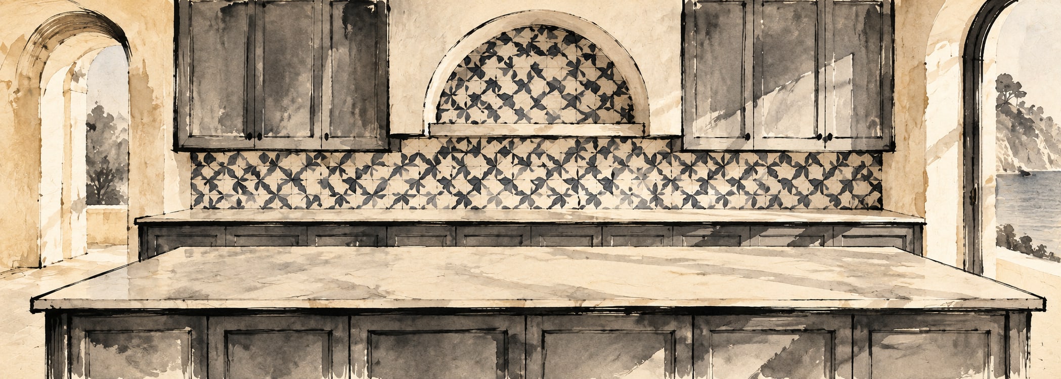Colorful tile atelier kitchen in japanese ink style