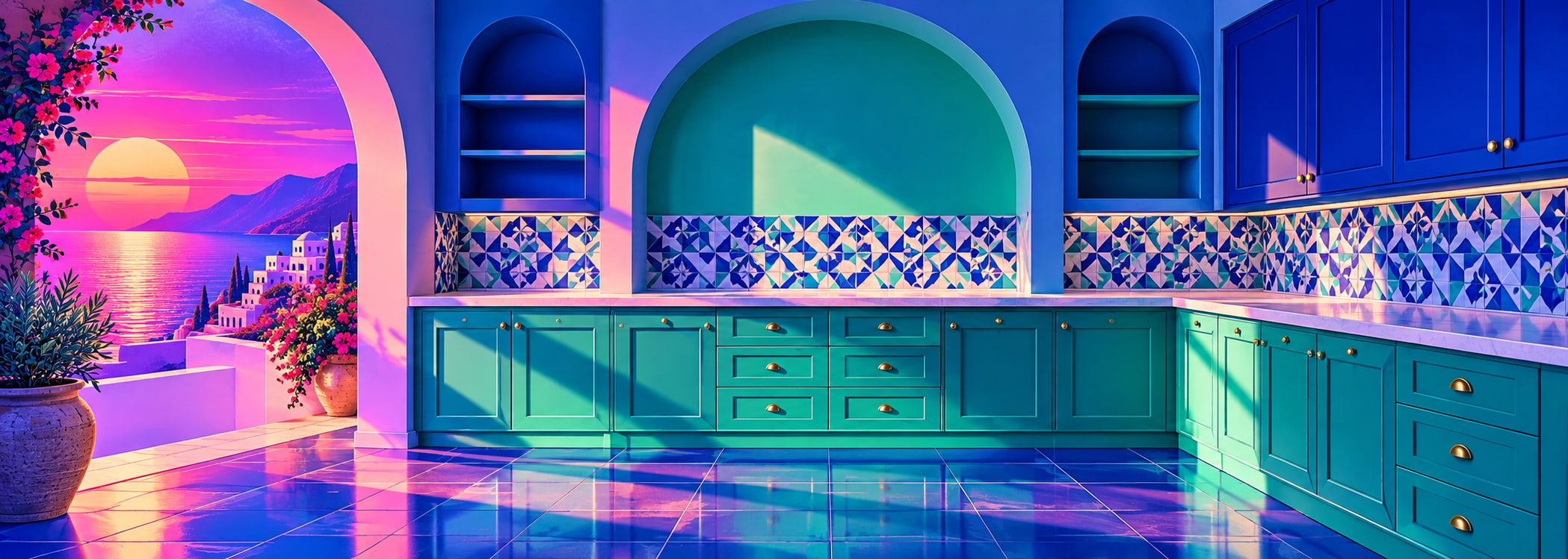 Colorful tile atelier kitchen in neon synthwave style
