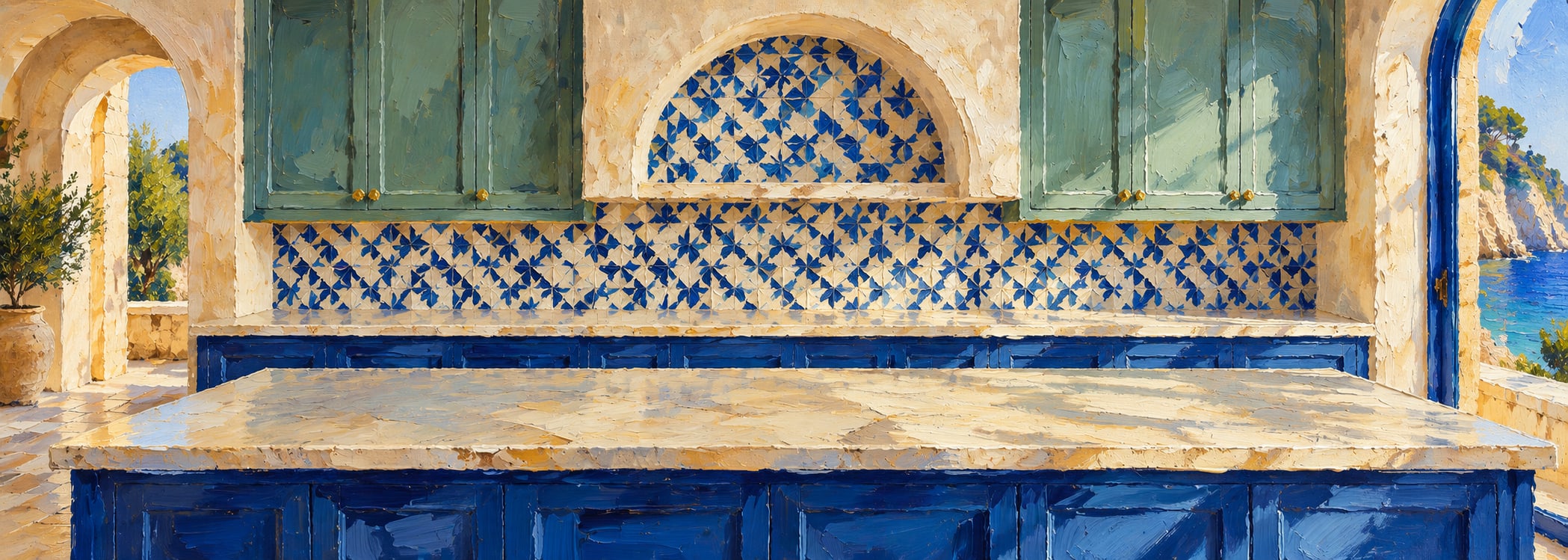 Colorful tile atelier kitchen in oil painting style