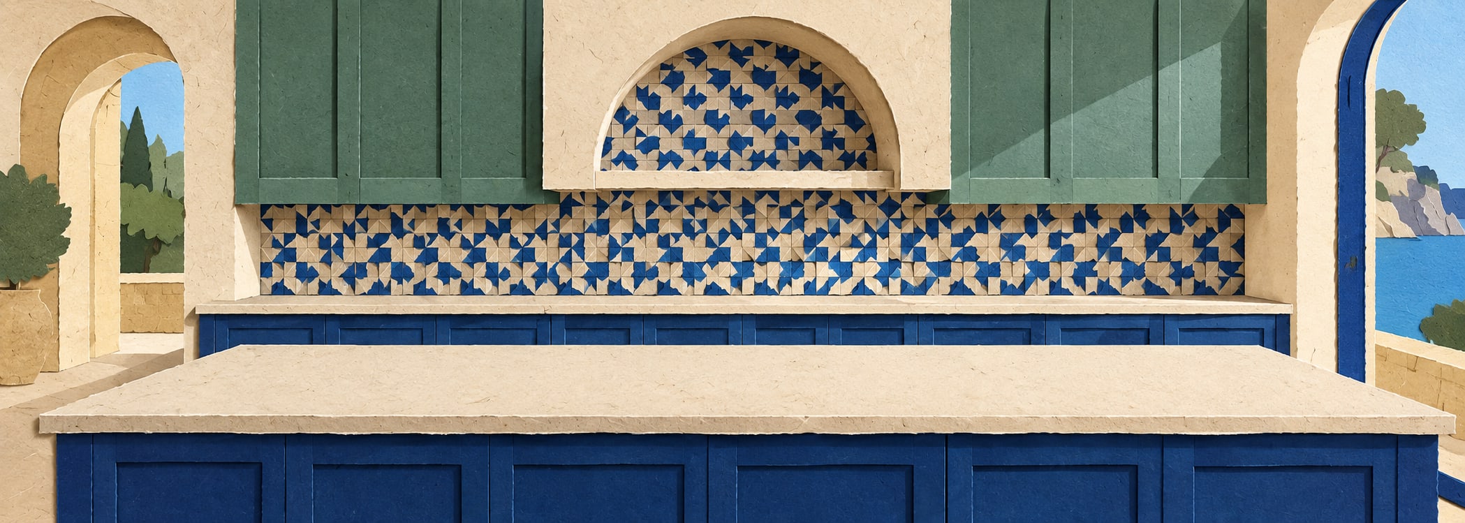 Colorful tile atelier kitchen in paper collage style