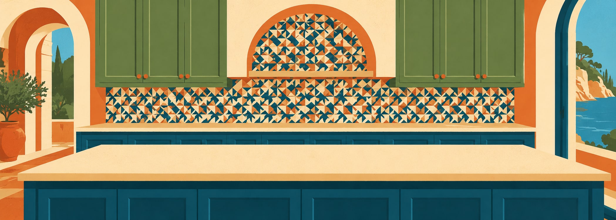 Colorful tile atelier kitchen in retro poster style