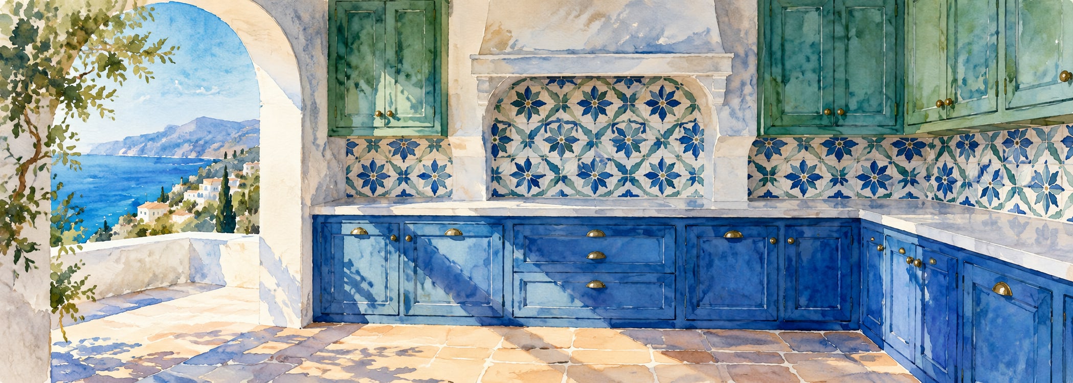 Colorful tile atelier kitchen in watercolor style