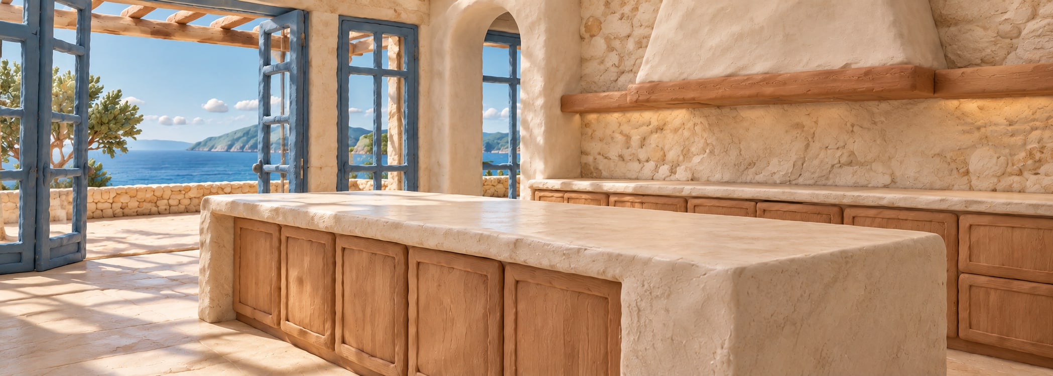 Aegean white terrace kitchen in clay 3d style