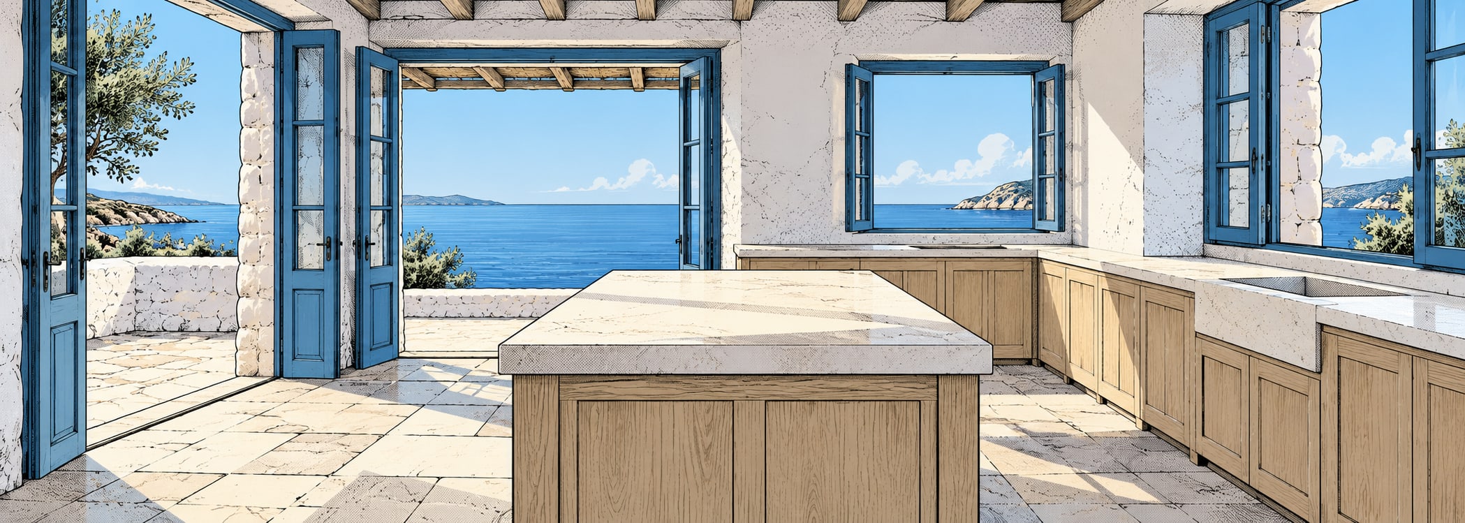 Aegean white terrace kitchen in comics style