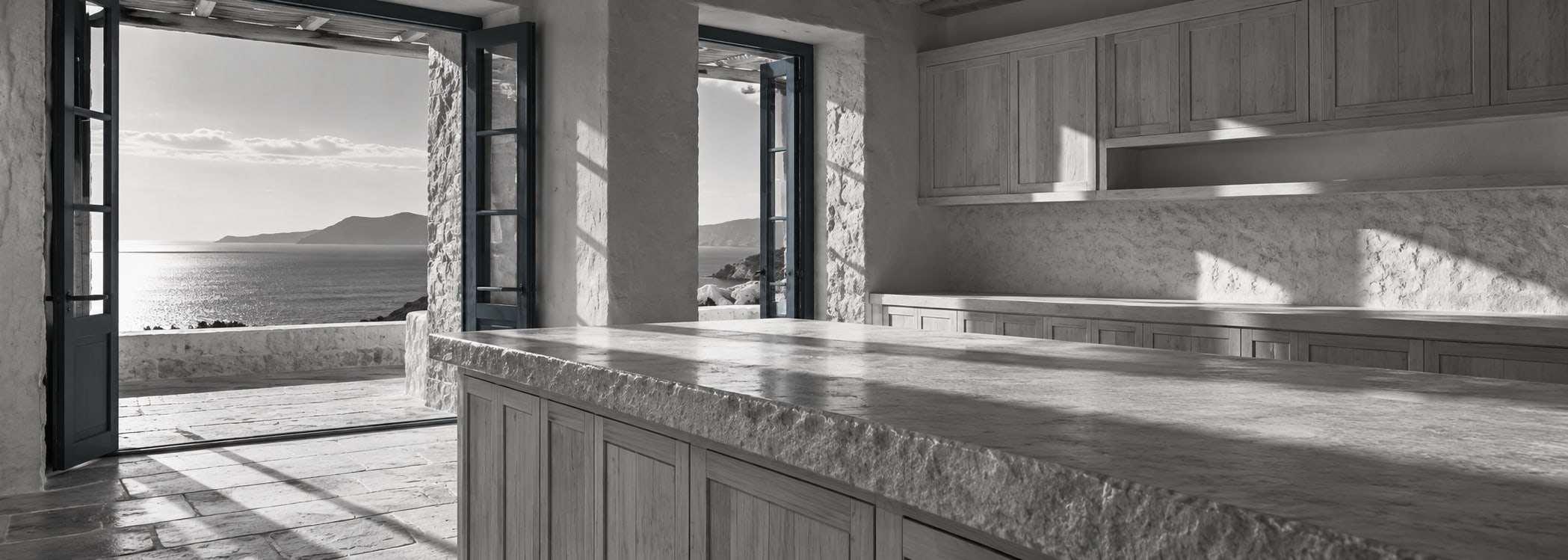 Aegean white terrace kitchen in film noir style