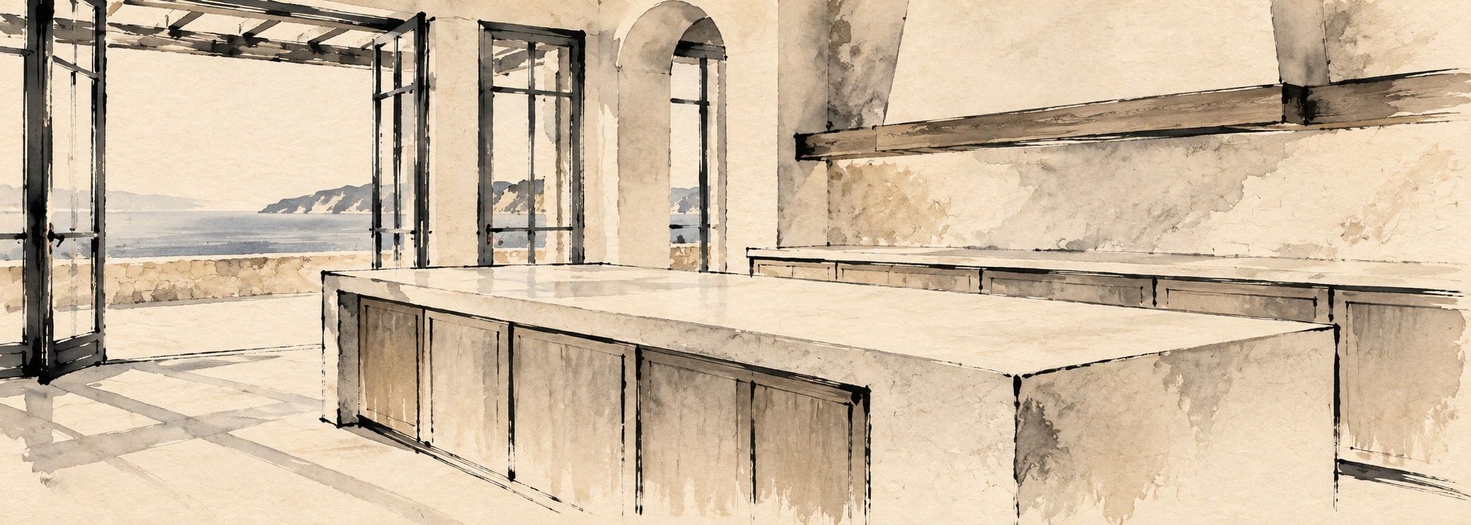Aegean white terrace kitchen in japanese ink style