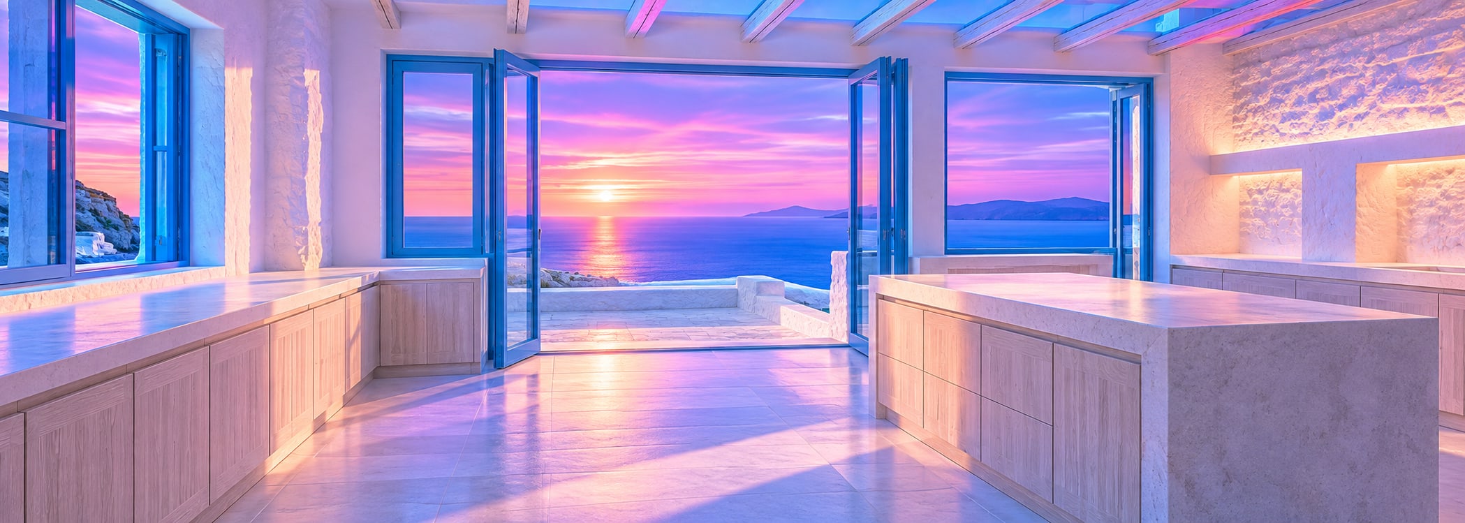 Aegean white terrace kitchen in neon synthwave style
