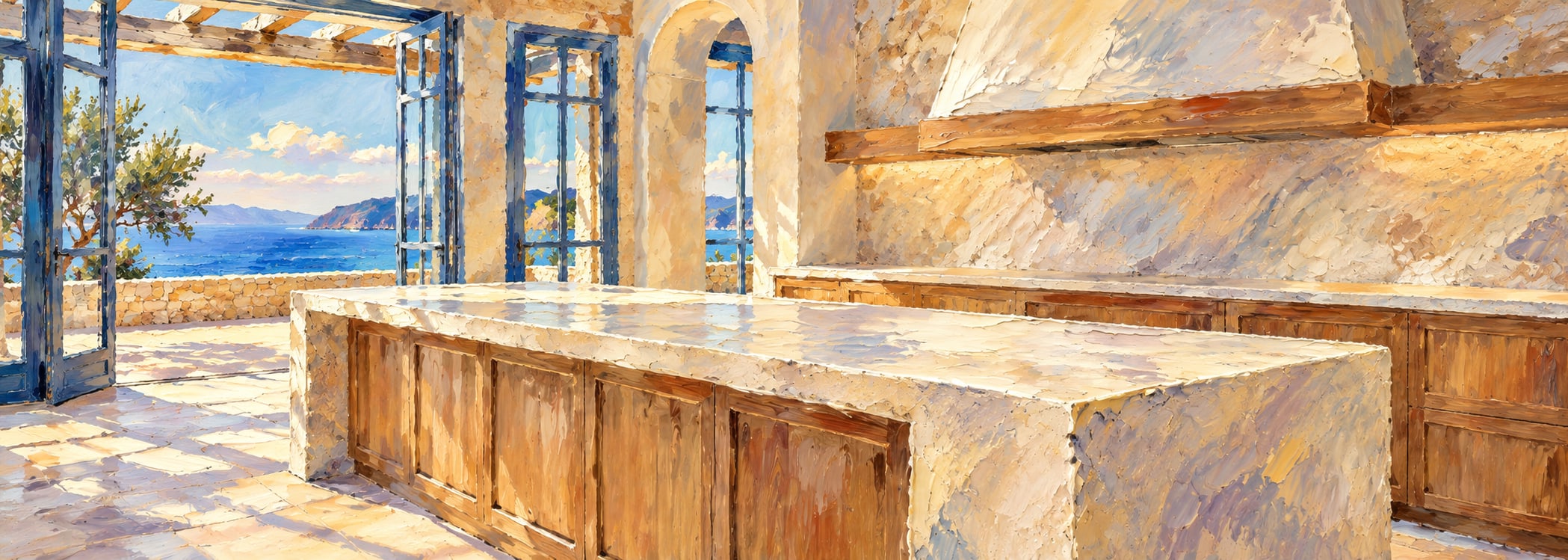 Aegean white terrace kitchen in oil painting style