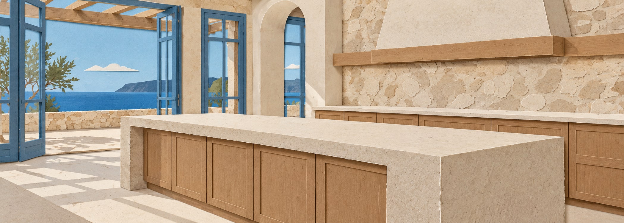 Aegean white terrace kitchen in paper collage style