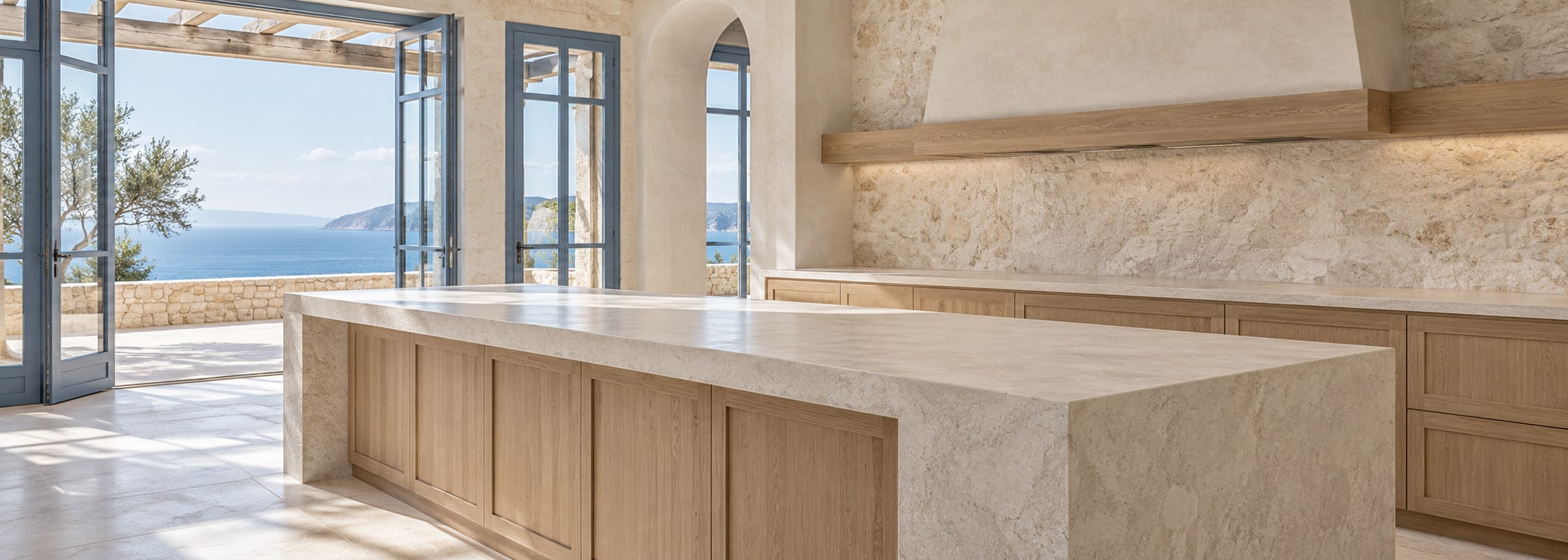 Aegean white terrace kitchen in realistic style
