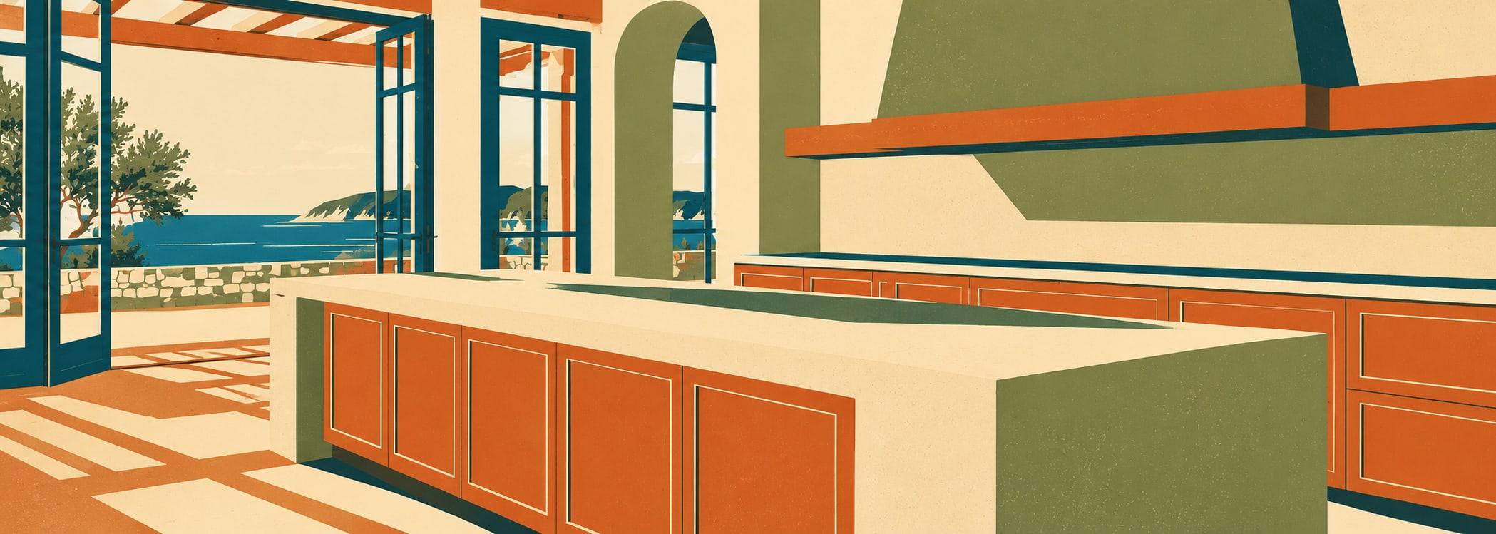 Aegean white terrace kitchen in retro poster style