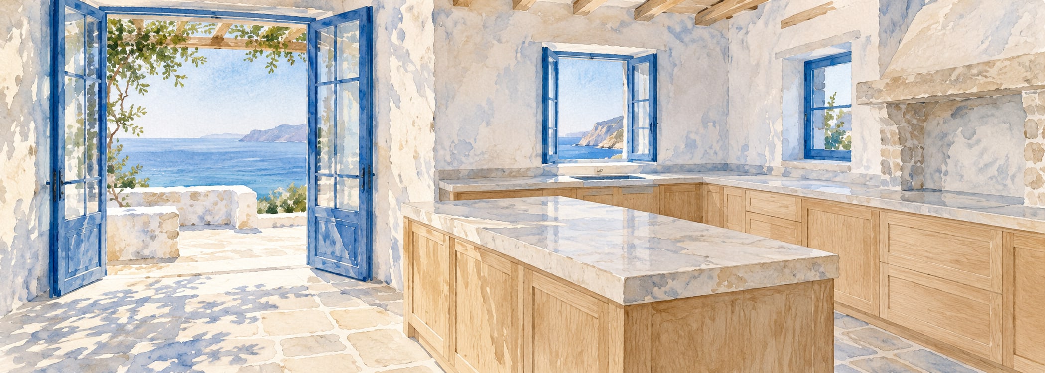 Aegean white terrace kitchen in watercolor style