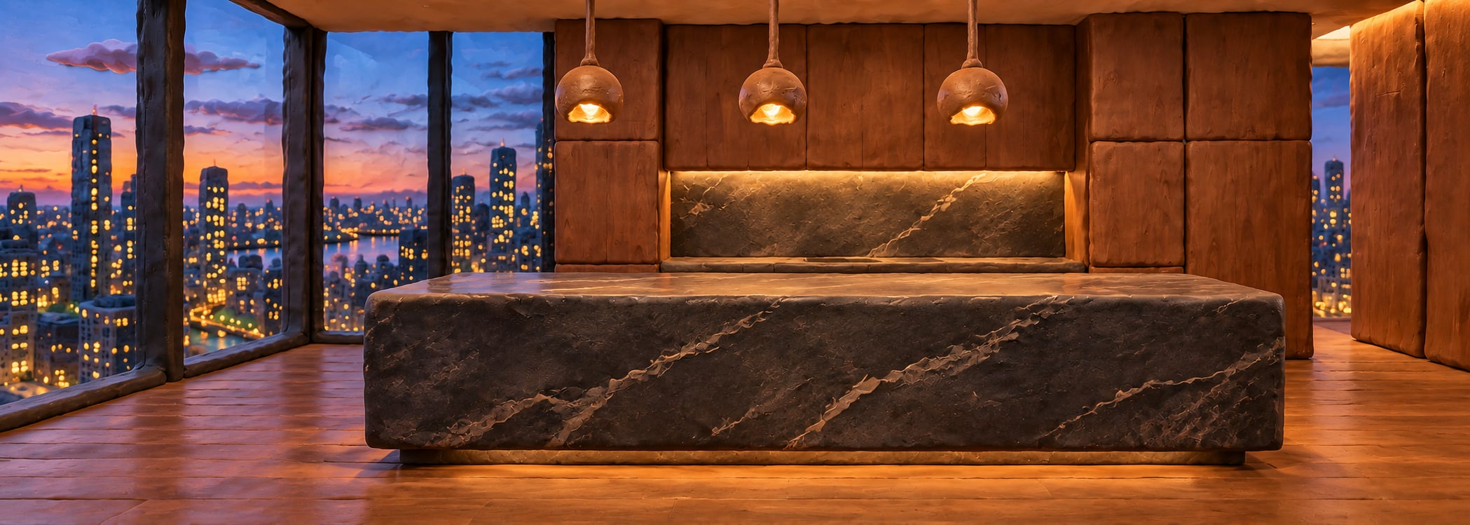 Urban evening penthouse kitchen in clay 3d style