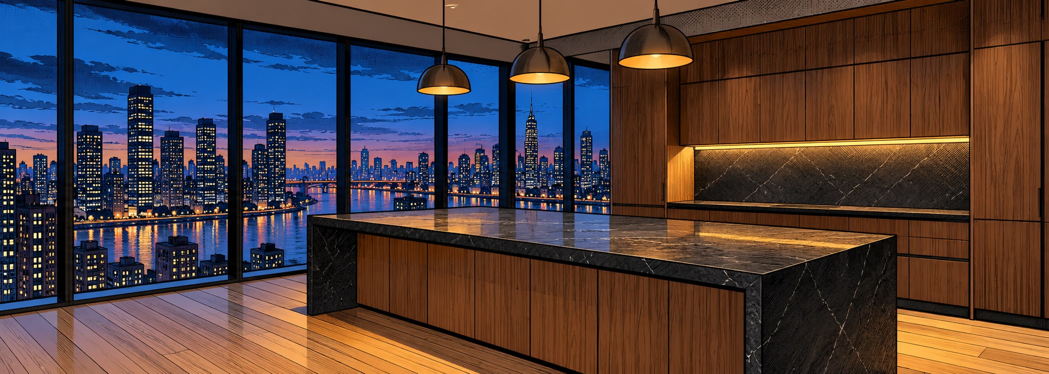 Urban evening penthouse kitchen in comics style