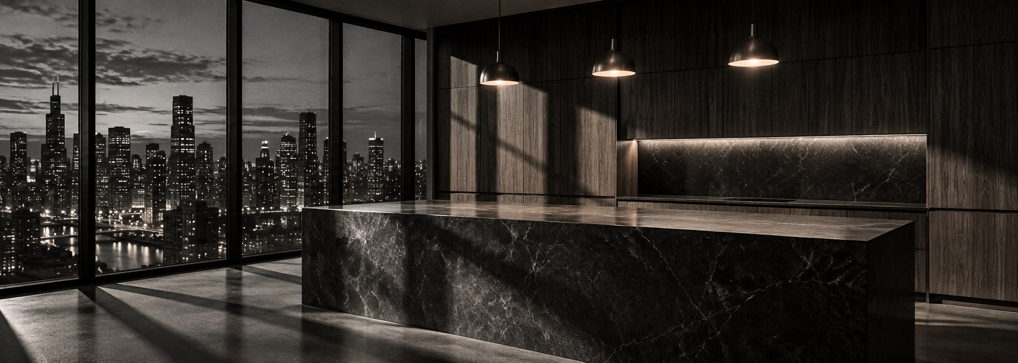 Urban evening penthouse kitchen in film noir style