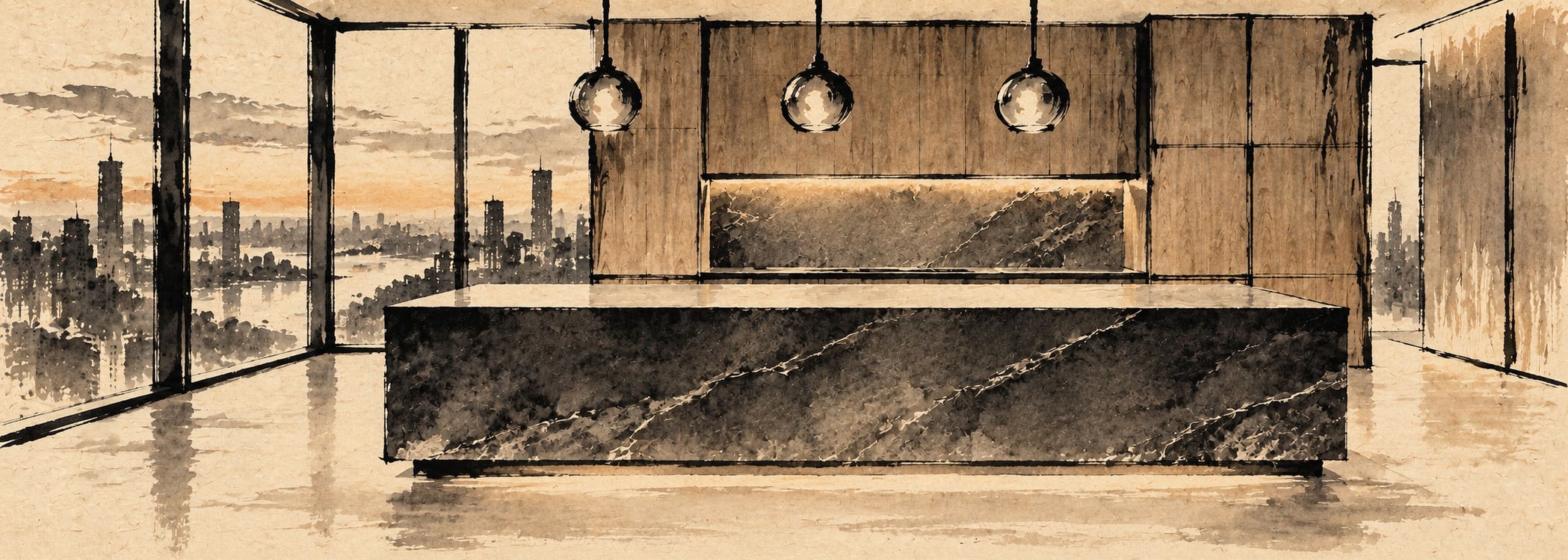 Urban evening penthouse kitchen in japanese ink style
