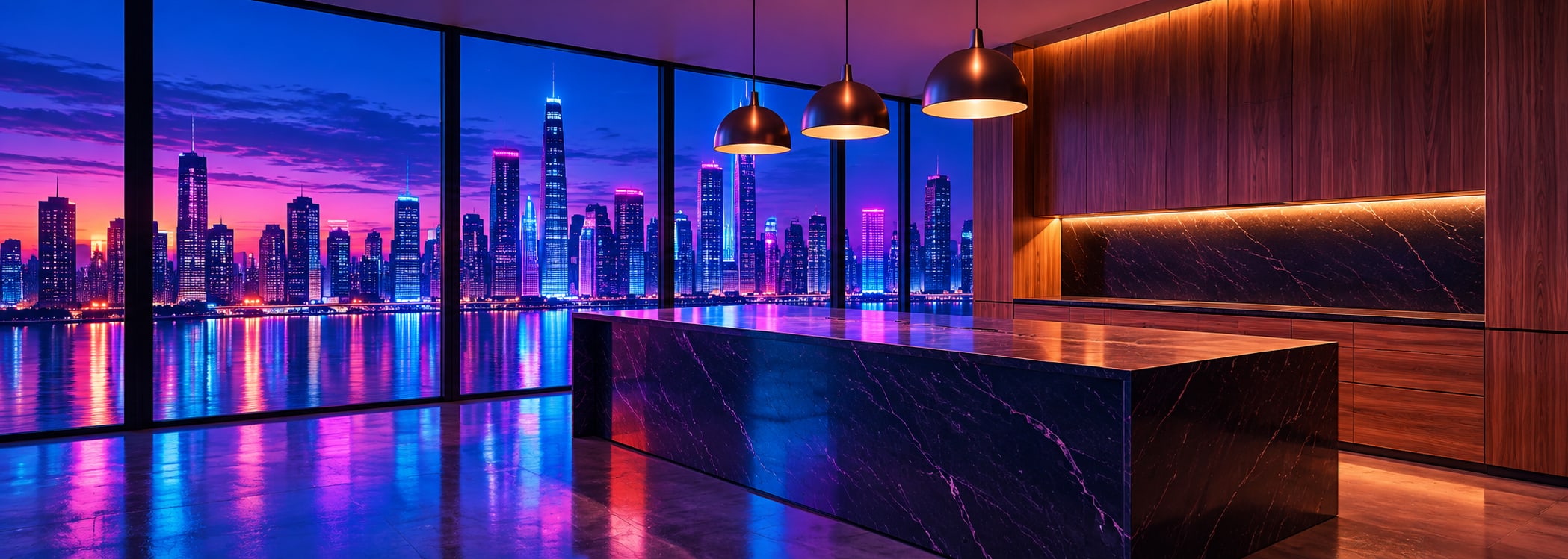 Urban evening penthouse kitchen in neon synthwave style