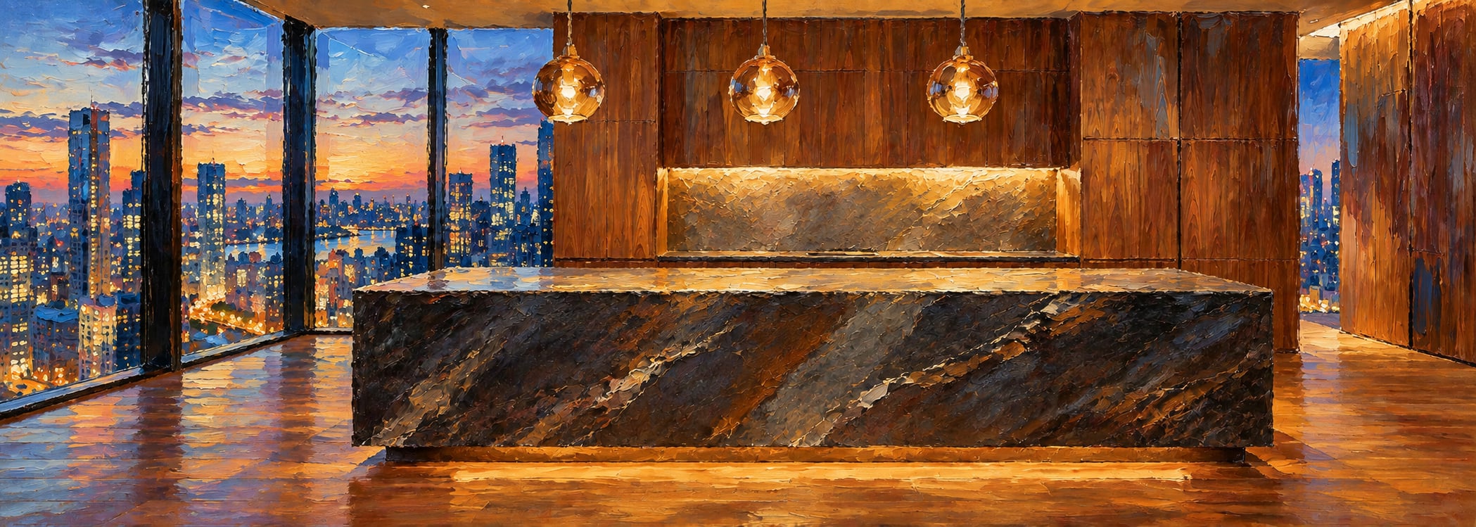 Urban evening penthouse kitchen in oil painting style
