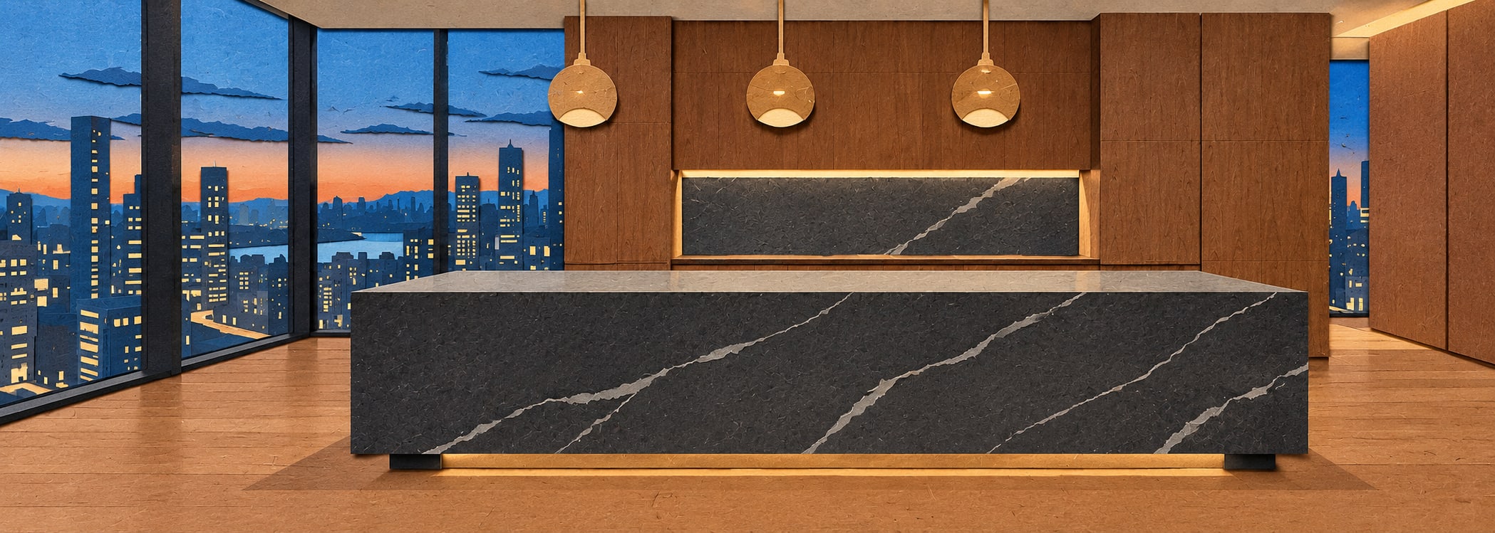 Urban evening penthouse kitchen in paper collage style