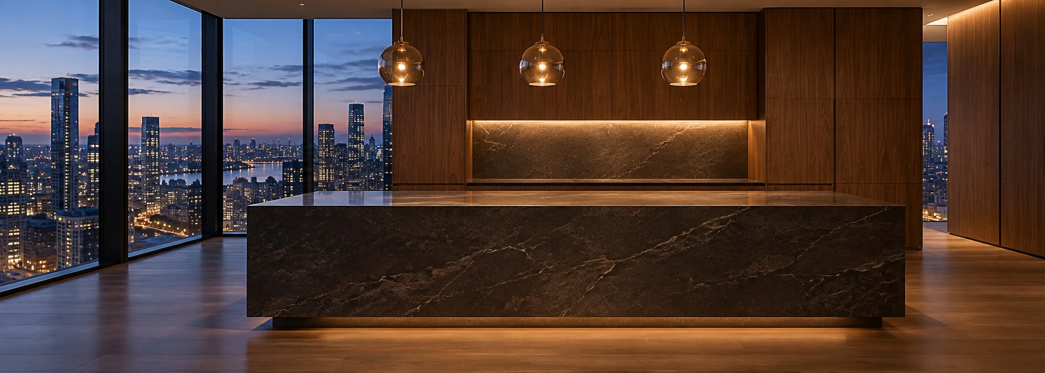Urban evening penthouse kitchen in realistic style