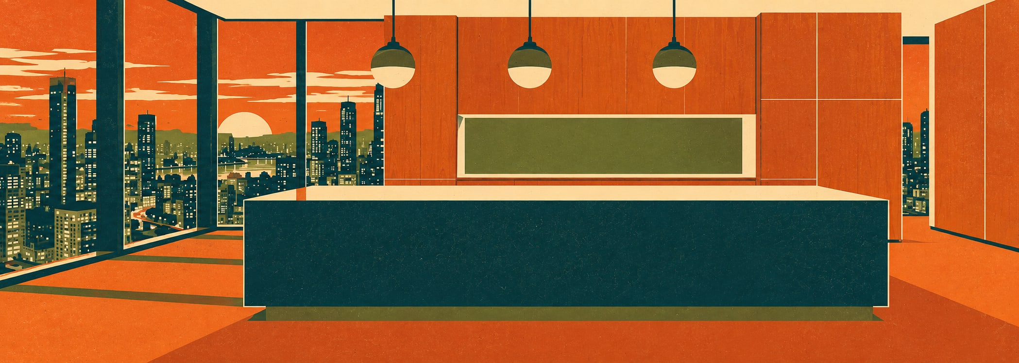 Urban evening penthouse kitchen in retro poster style