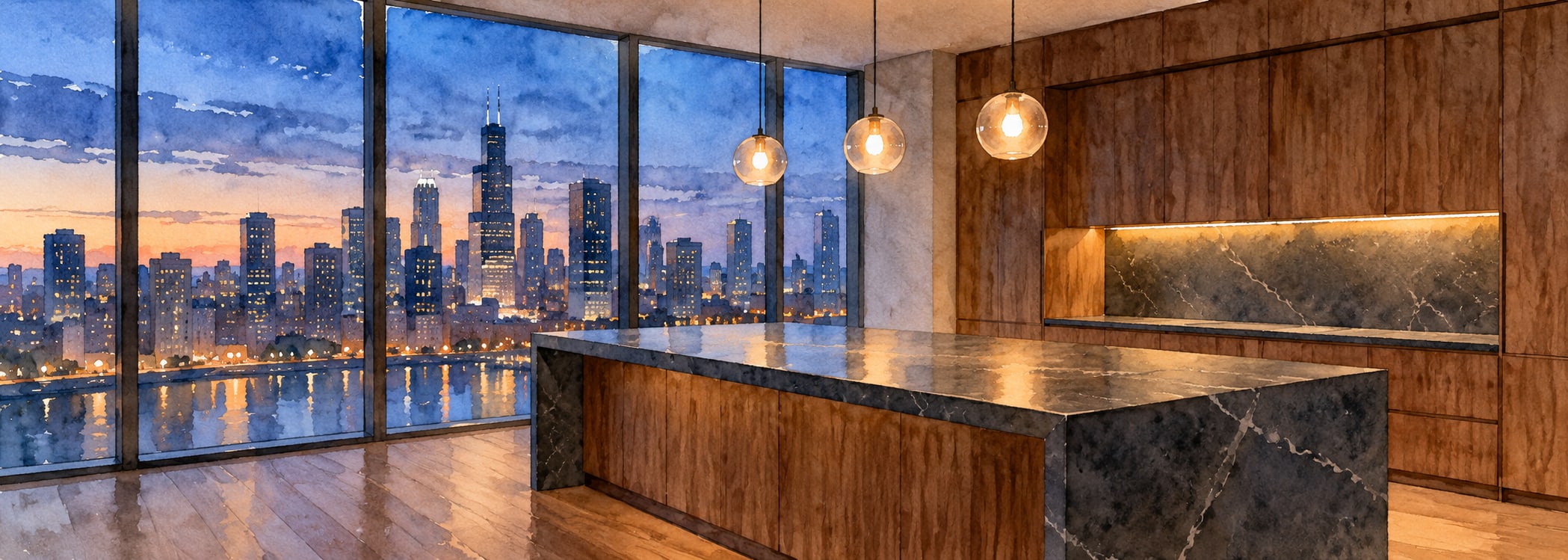 Urban evening penthouse kitchen in watercolor style