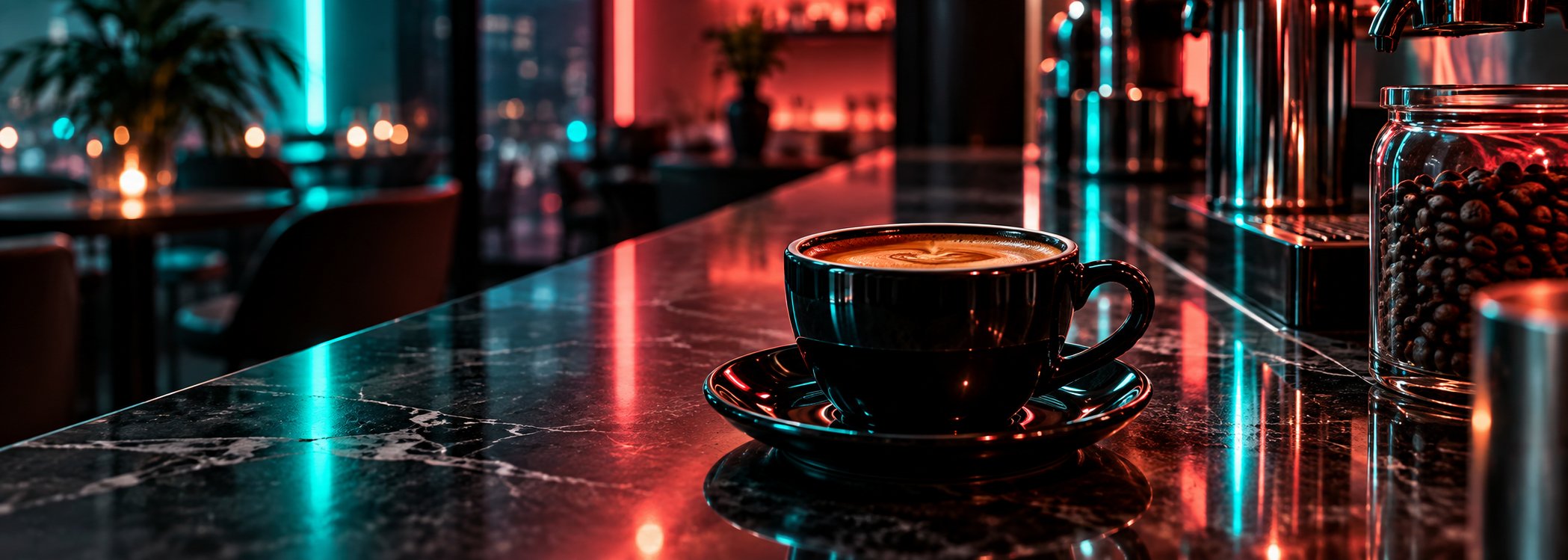 Black espresso cup with teal and coral neon reflections