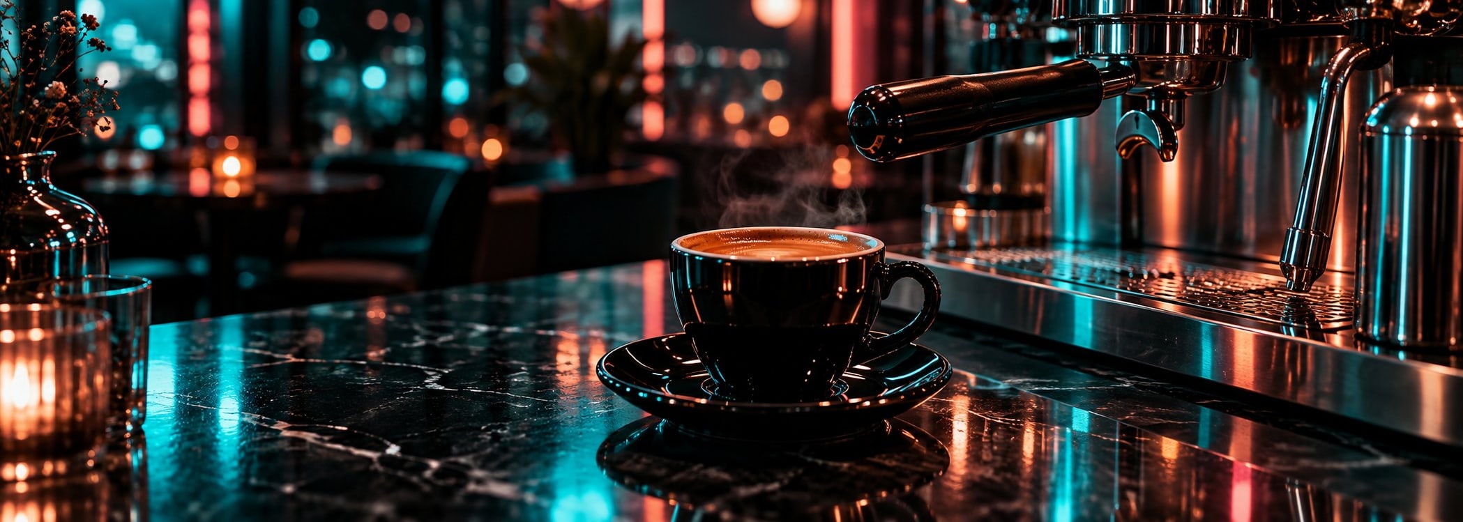Espresso machine and cup in a neon-lit late-night café