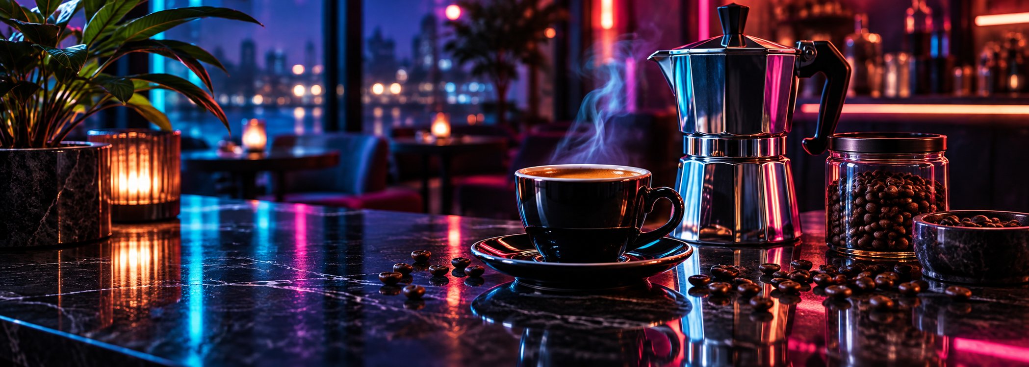 Black coffee cup and chrome moka pot under neon light