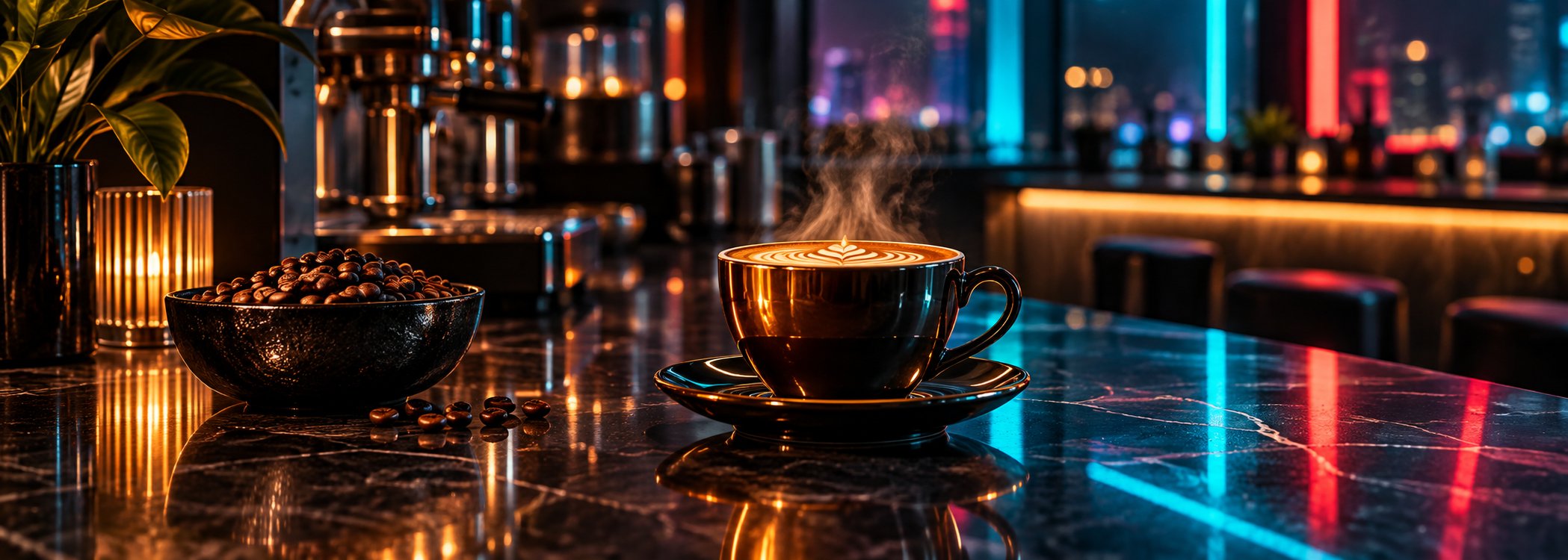 Latte and coffee beans on a glossy counter with neon light
