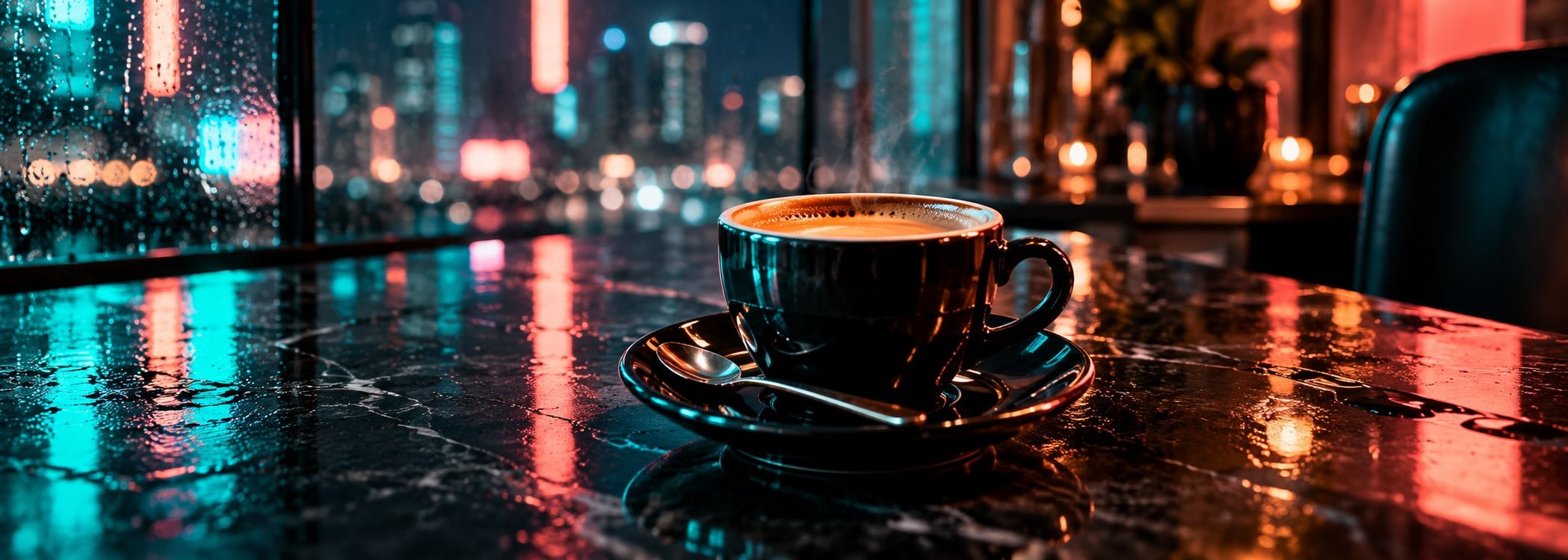 Black espresso cup on a reflective counter in teal and pink light