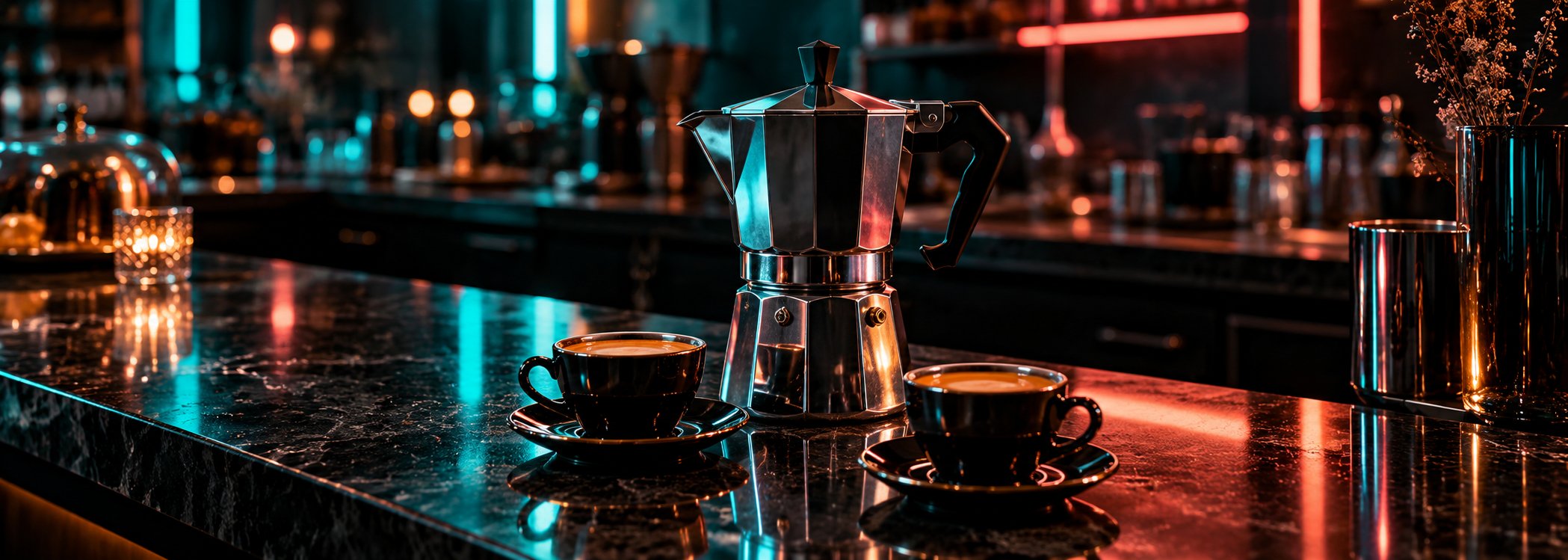 Chrome moka pot and espresso cups beneath colorful café lights