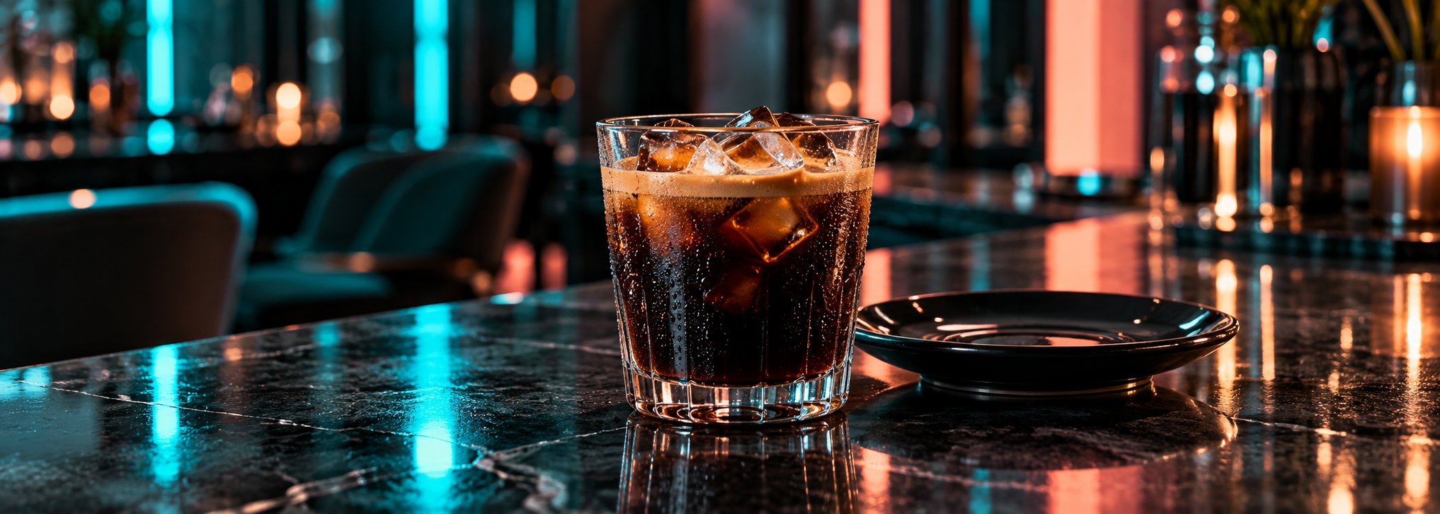Iced coffee glass catching electric blue and coral reflections