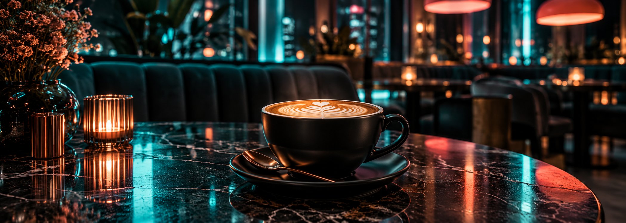 Black latte in a modern café booth with neon glow