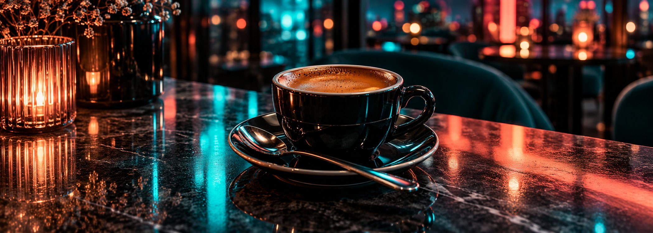 Espresso and chrome spoon under teal and coral café lighting