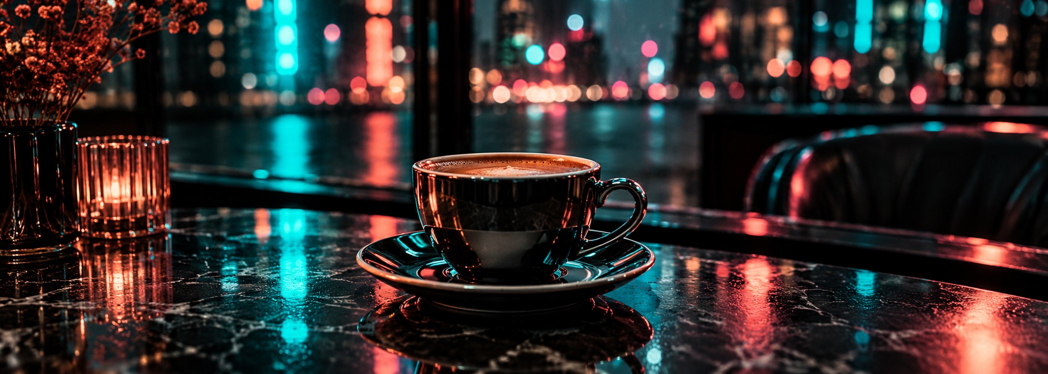 Black coffee cup by a night café window with city lights