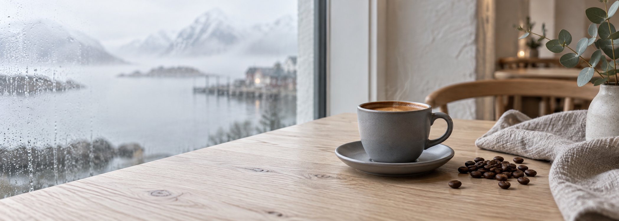 Gray espresso cup on a pale oak table beside a misted window
