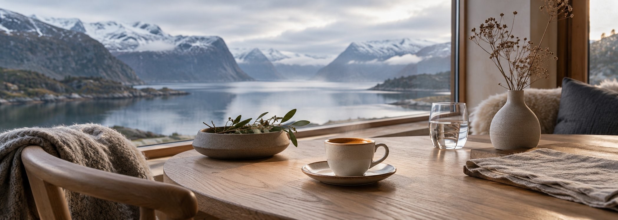 Small espresso cup looking out to a misty Nordic fjord