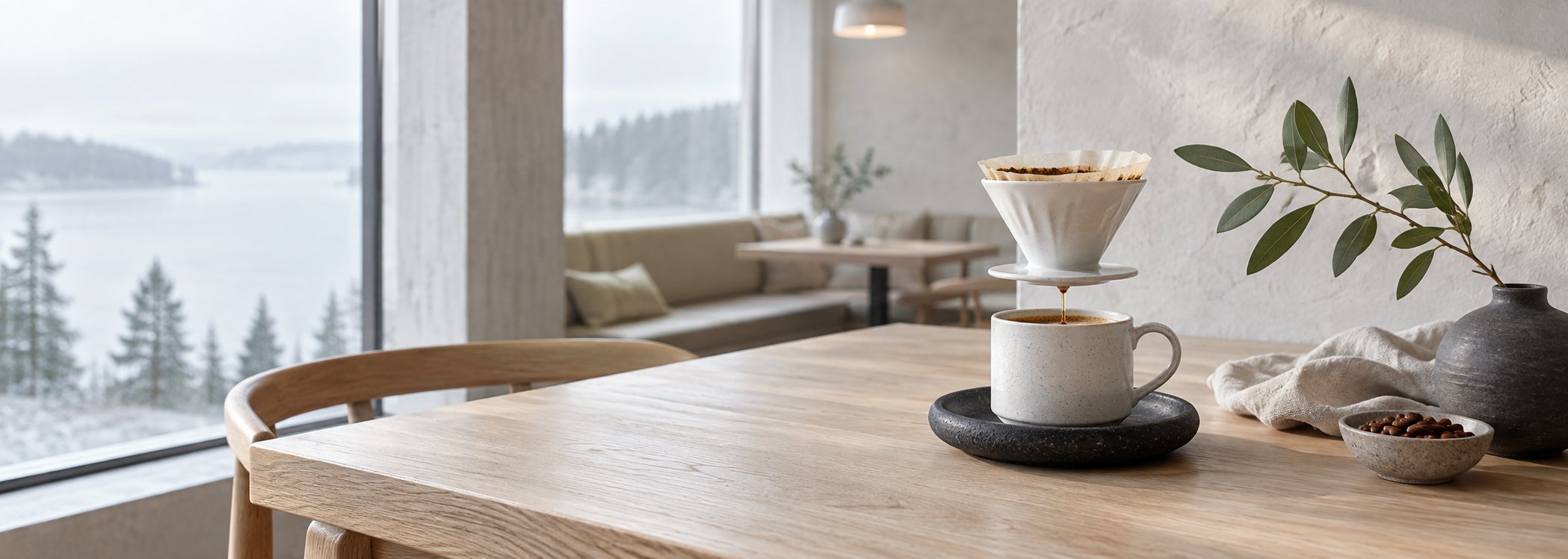 White pour-over coffee in a minimal Scandinavian café