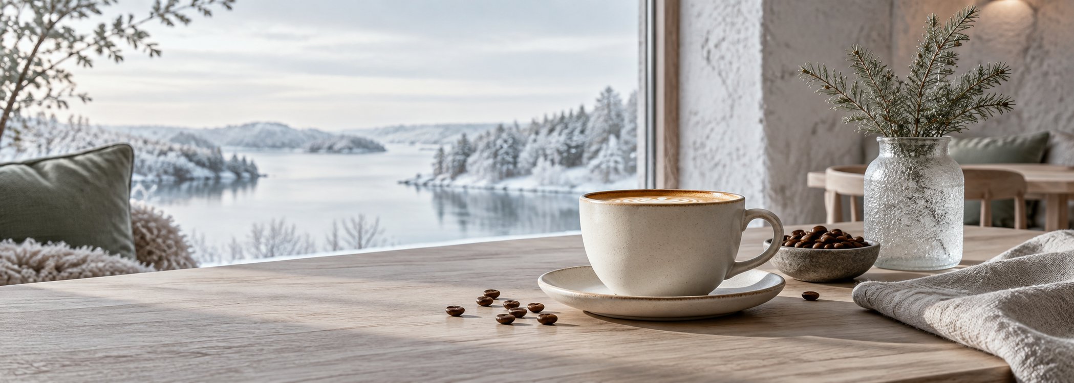 Cream coffee cup in a winter Nordic interior