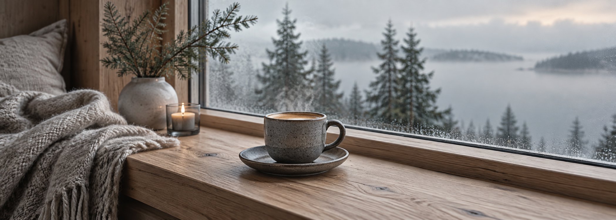 Stoneware coffee cup on a gray sill by a snowy window