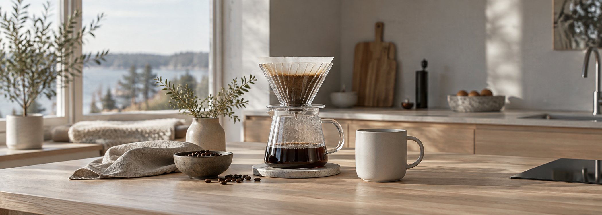 Glass pour-over coffee on a pale oak Scandinavian counter