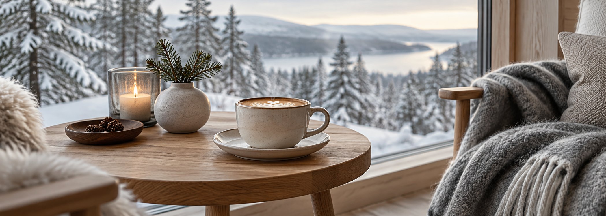 Latte and folded wool blanket beside a frosted window