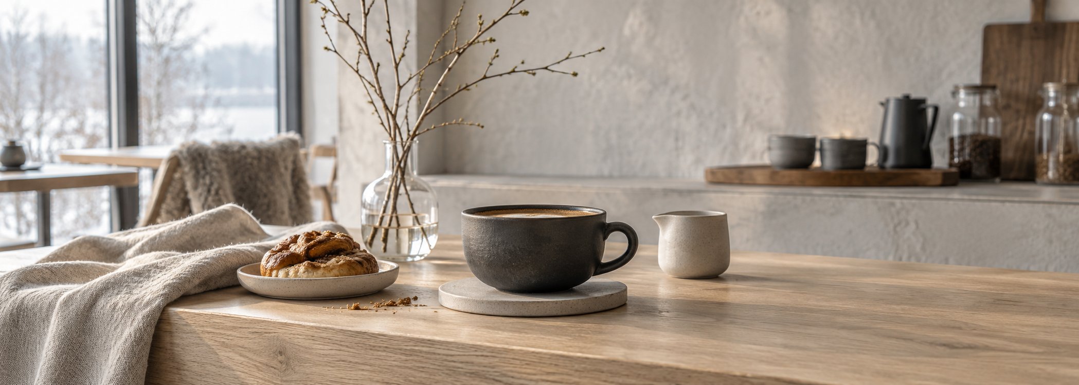 Charcoal ceramic coffee mug with birch branches in soft light