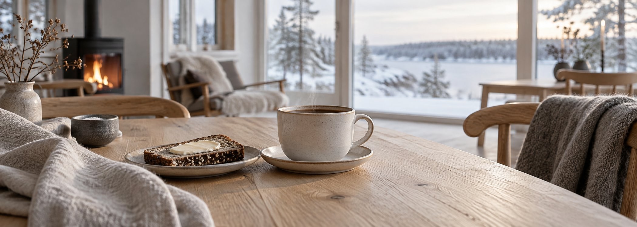 Black coffee and rye bread on a minimalist Nordic table